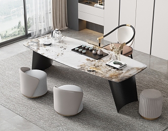 Modern Tea Table and Chair Combination Marble Tea Table Rock Board Tea Table Metal Chair Sofa Stool Tea Set Bookcase Kettle 3d model