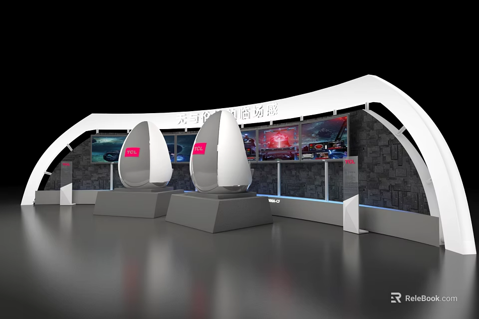 Modern Exhibition Booth Design With Curved White Structure And Display Screens 3d model 