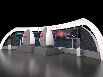 Modern Exhibition Booth Design With Curved White Structure And Display Screens 3d model
