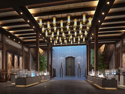 Chinese Style Hall Interior With Wooden Roof Beams Pendant Lights Stone Door And Green Plants 3d model