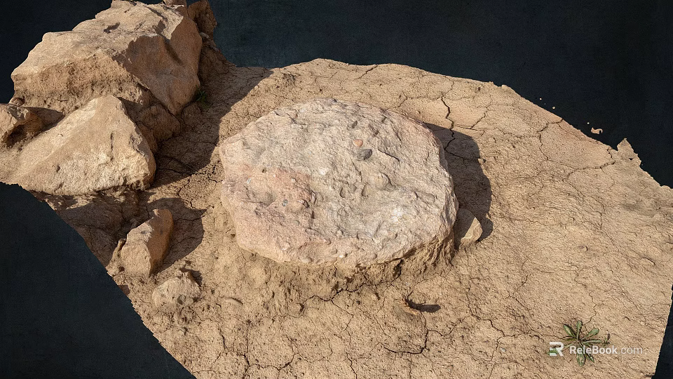 Circular Stone Material Placed On Cracked Earth With Surrounding Irregular Stones 3d model 