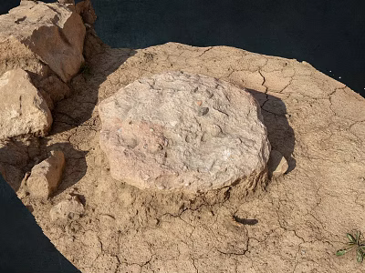 Circular Stone Material Placed On Cracked Earth With Surrounding Irregular Stones 3d model