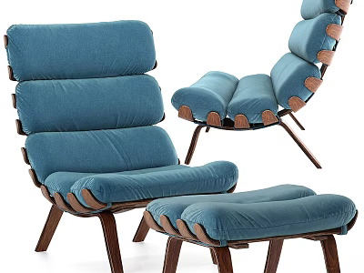 Modern Blue Lounge Chair With Padded Ottoman And Wooden Frame Comfortable Design 3d model