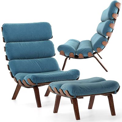 Modern Blue Lounge Chair With Padded Ottoman And Wooden Frame Comfortable Design 3d model