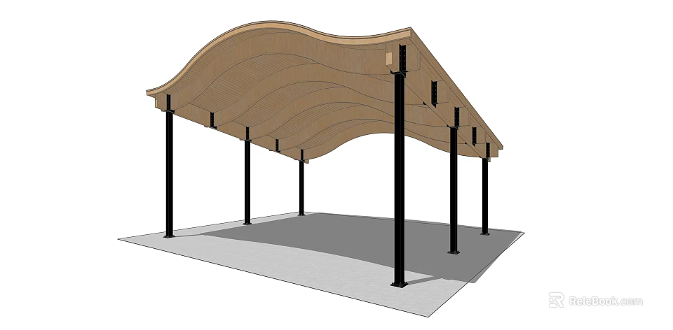 Wave Shaped Pergola Design With Wooden Curved Roof And Black Support Pillars 3d model 