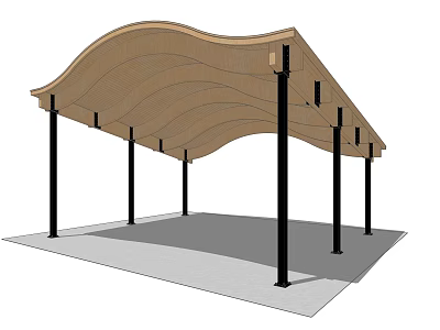 Wave Shaped Pergola Design With Wooden Curved Roof And Black Support Pillars 3d model