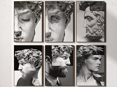 Black White Sculptural Portrait Paintings Six Framed Classical Modern Figure Faces Curly Hair Beard 3d model