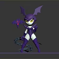 Purple Cartoon Bat Character With Yellow Eyes And Bat Shaped Object On Brick Platform