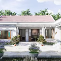 Traditional House Exterior With Red Roof White Walls Courtyard And Potted Plants