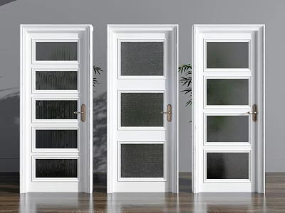 White Modern Hinged Doors With Glass Panels Wooden Floor Gray Wall Bamboo Leaves 3d model