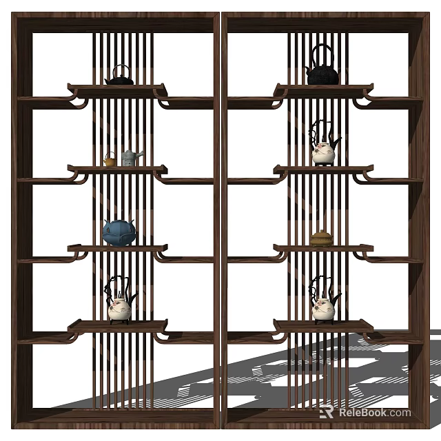 Traditional Chinese Wooden Bogu Shelf With Layered Design And Decorative Ceramic Tea Pots 3d model 