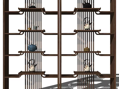 Traditional Chinese Wooden Bogu Shelf With Layered Design And Decorative Ceramic Tea Pots 3d model
