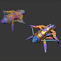 Futuristic Cosmic Spaceship Model With Purple Gold Blue Accents And Detailed Aerodynamic Design