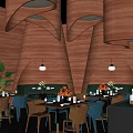 Elegant Restaurant Interior With Curved Wooden Decor Pendant Lights And Dining Tables