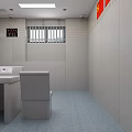 Public Restroom Interior With Multiple Stalls Blue Walls And Gray Doors