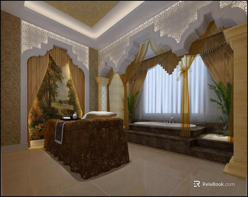 Luxurious SPA Sauna Room Interior With Massage Table Bathtub Curtains And Plants 3d model 