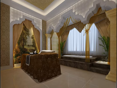 Luxurious SPA Sauna Room Interior With Massage Table Bathtub Curtains And Plants 3d model