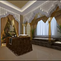 Luxurious SPA Sauna Room Interior With Massage Table Bathtub Curtains And Plants