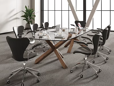 Glass Top Conference Table With Wooden X Shaped Legs Black Office Chairs Laptops 3d model