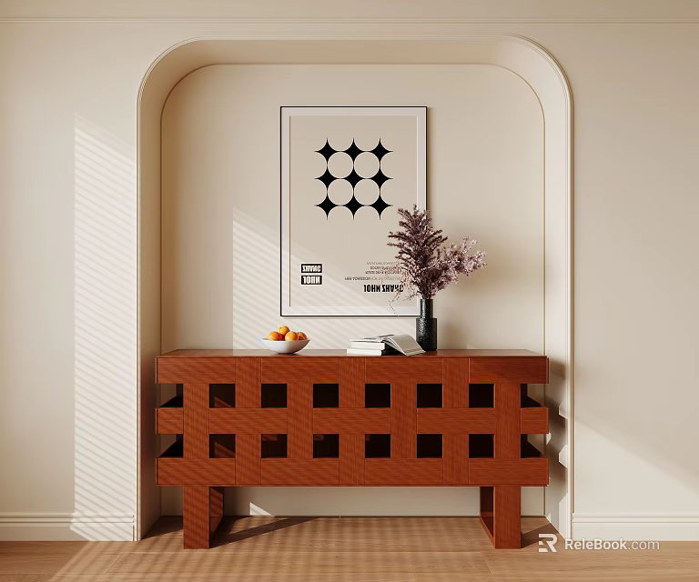 Stylish Entryway Console Table With Decorative Grid Design Vase Fruits And Wall Art 3d model 