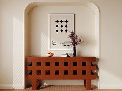 Stylish Entryway Console Table With Decorative Grid Design Vase Fruits And Wall Art 3d model