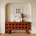 Stylish Entryway Console Table With Decorative Grid Design Vase Fruits And Wall Art