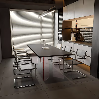Modern Dining Table And Chairs Set In Contemporary Kitchen With Blinds Cabinets And Coffee Machine 3d model