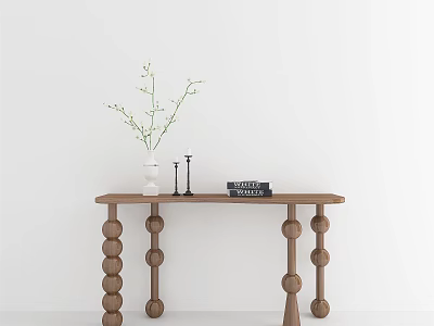 Wooden Console Table With Spherical Legs Decorated With White Vase Branches Candlesticks And Books 3d model