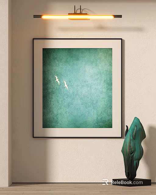 Teal Abstract Painting With Two White Birds Hanging On Interior Wall Decor 3d model 