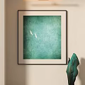 Teal Abstract Painting With Two White Birds Hanging On Interior Wall Decor