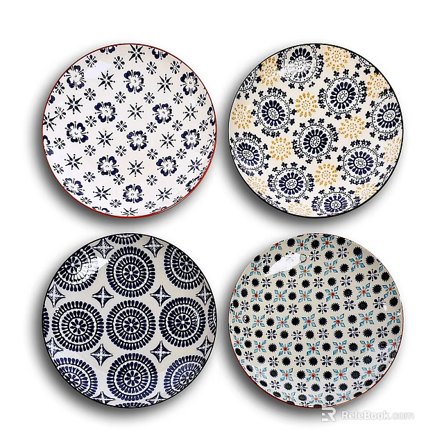 Four Decorative Plates Featuring Intricate Colorful Geometric Circular and Dotted Patterns 3d model 