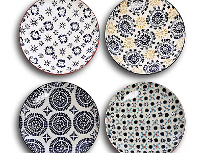 Four Decorative Plates Featuring Intricate Colorful Geometric Circular and Dotted Patterns 3d model