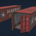 Red Commercial Shipping Containers With MANEIRISMO SEA Branding Open Doors And Interior Storage Space