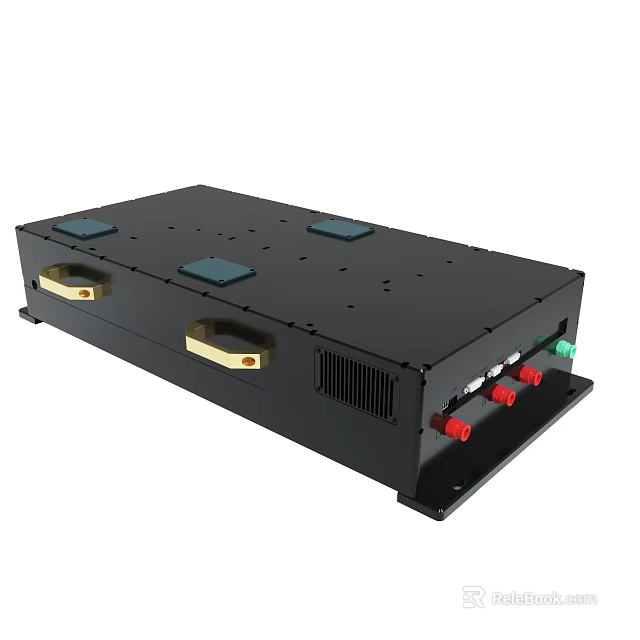 Black Electronic Device With Blue Square Modules Gold Handles And Red Green Ports 3d model 