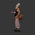 Elderly Man With White Hair Wearing Sleeveless Shirt Gray Pants Blue Shoes Holding Long Pole