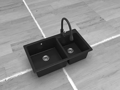 Black Double Bowl Kitchen Sink With Modern Faucet On Wooden Floor 3d model