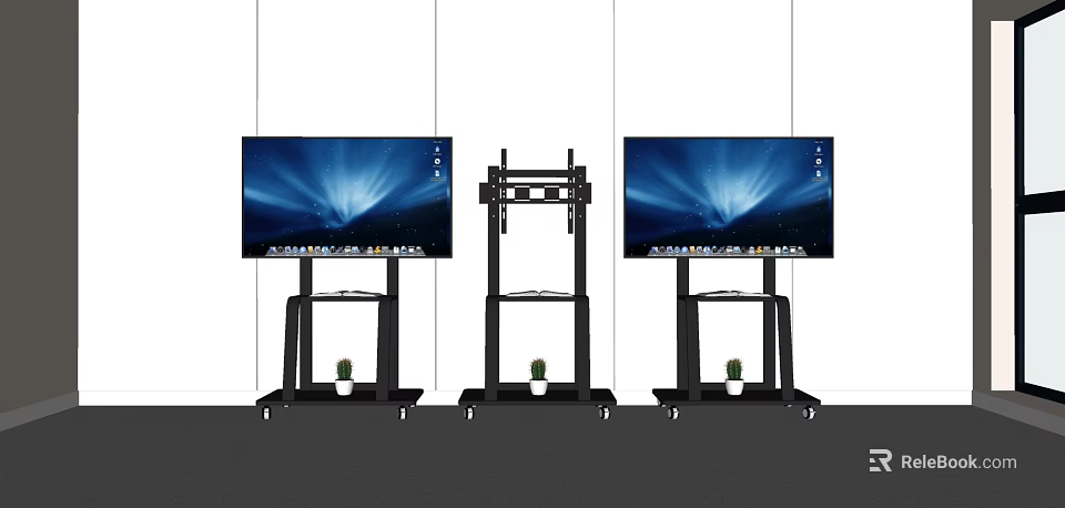 Sturdy Wrought Iron TV Stands With Rolling Wheels And Small Potted Plants 3d model 