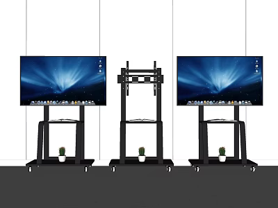 Sturdy Wrought Iron TV Stands With Rolling Wheels And Small Potted Plants 3d model