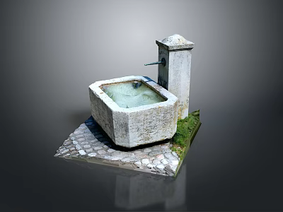 Outdoor Stone Square Wash Basin With Pedestal Faucet And Stone Paved Base 3d model