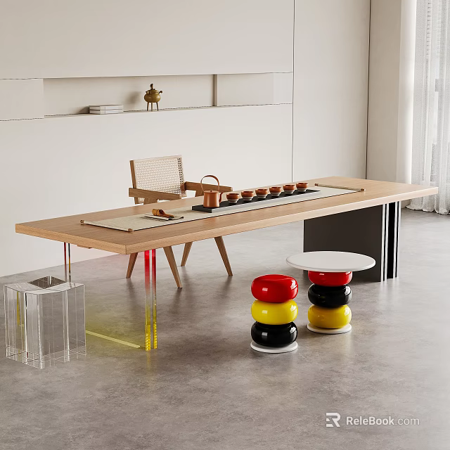 Modern Wooden Tea Table with Acrylic Legs Rattan Chair Tea Set and Stackable Stools 3d model 