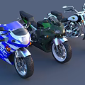 Three Different Motorcycles in Blue White Green and Silver with Classic and Sporty Designs