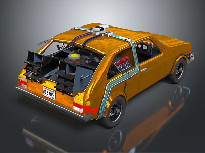 Yellow Vintage Modified Car With Custom Roof Gear And Trunk Equipment 3d model
