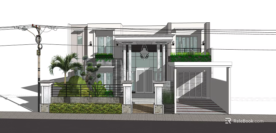 Modern Detached Villa Exterior with Glass Windows Entrance Porch and Green Plants 3d model 
