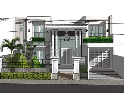 Modern Detached Villa Exterior with Glass Windows Entrance Porch and Green Plants 3d model