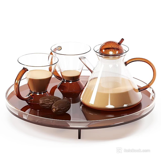 Transparent Glass Tableware Set With Teapot Two Cups Brown Tray And Nuts 3d model 
