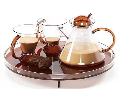 Transparent Glass Tableware Set With Teapot Two Cups Brown Tray And Nuts 3d model