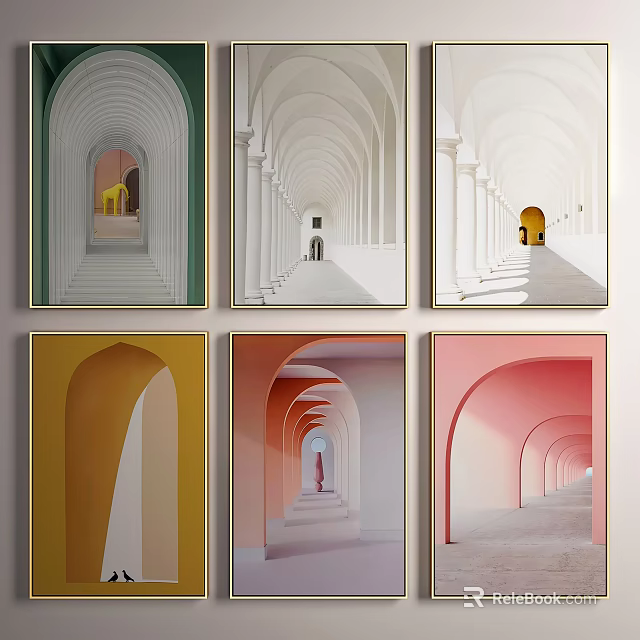 Colorful Arched Corridor Landscape Paintings With Various Tones And Decorative Frames 3d model 