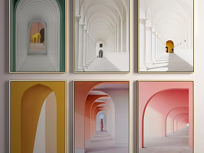 Colorful Arched Corridor Landscape Paintings With Various Tones And Decorative Frames 3d model
