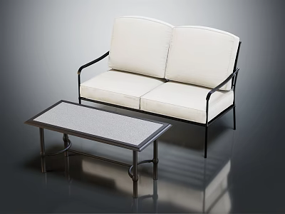 Modern Two Seater Sofa With White Cushions Black Metal Armrests And Gray Top Coffee Table 3d model