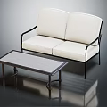 Modern Two Seater Sofa With White Cushions Black Metal Armrests And Gray Top Coffee Table